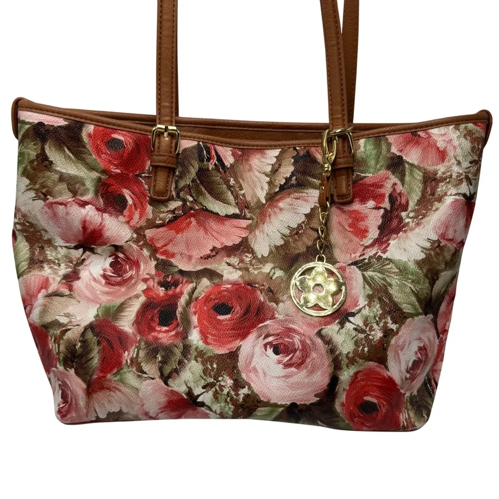 Bueno Floral Tote Handbag Purse pink green Pockets Zipper‎ Lined Shoulder Bag - Picture 2 of 8